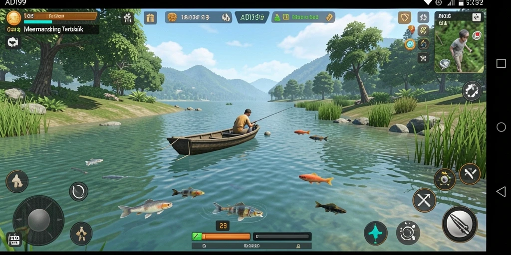Tampilan gameplay ADI99 saat menangkap ikan di laut.