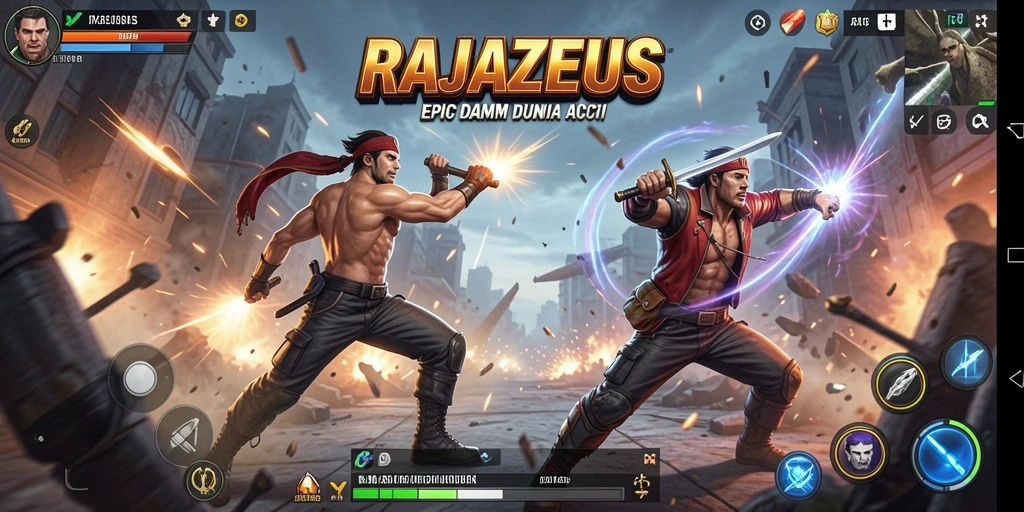 Screenshot gameplay RAJAZEUS menampilkan aksi pertarungan yang mendebarkan.