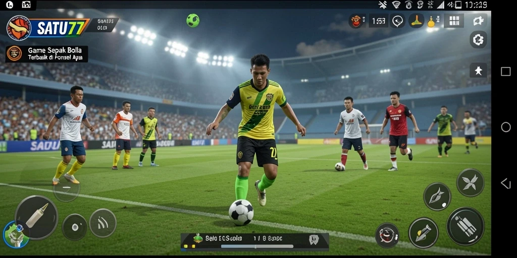 Tampilan gameplay SATU77 menampilkan aksi seru di lapangan sepak bola.
